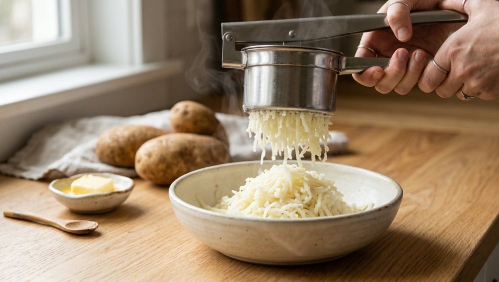 **Alt text:** A close-up of a stainless steel potato ricer pressing fluffy, steaming strands of potato into a ceramic bowl, with whole potatoes and melting butter in the soft-focus background.