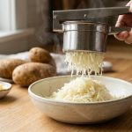 **Alt text:** A close-up of a stainless steel potato ricer pressing fluffy, steaming strands of potato into a ceramic bowl, with whole potatoes and melting butter in the soft-focus background.