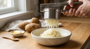 **Alt text:** A close-up of a stainless steel potato ricer pressing fluffy, steaming strands of potato into a ceramic bowl, with whole potatoes and melting butter in the soft-focus background.