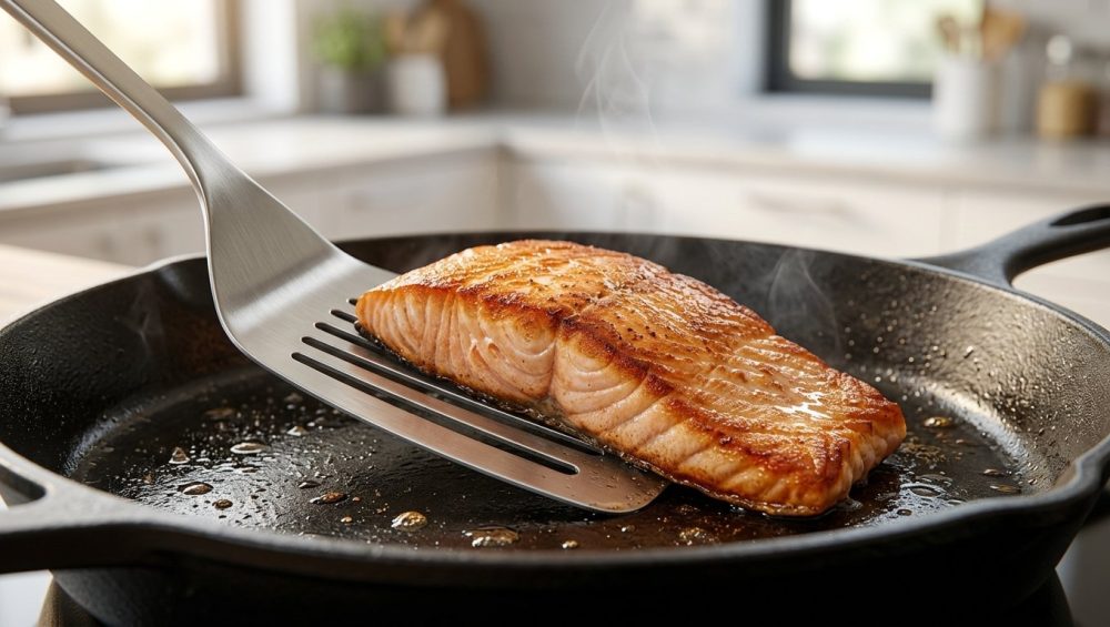 An extreme close-up of a flexible stainless steel fish spatula sliding under a perfectly seared salmon fillet in a seasoned cast-iron skillet.