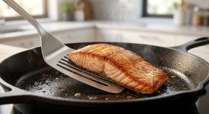 An extreme close-up of a flexible stainless steel fish spatula sliding under a perfectly seared salmon fillet in a seasoned cast-iron skillet.