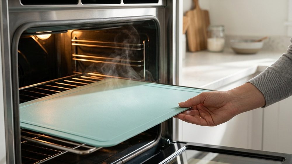 **Alt text:** A close-up, editorial-style photograph of a pastel-teal silicone baking mat being placed inside a modern, clean stainless steel oven. The oven interior glows with a warm amber light, and a subtle heat haze rises from the smooth surface of the mat.