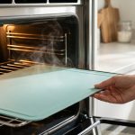 **Alt text:** A close-up, editorial-style photograph of a pastel-teal silicone baking mat being placed inside a modern, clean stainless steel oven. The oven interior glows with a warm amber light, and a subtle heat haze rises from the smooth surface of the mat.