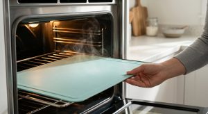**Alt text:** A close-up, editorial-style photograph of a pastel-teal silicone baking mat being placed inside a modern, clean stainless steel oven. The oven interior glows with a warm amber light, and a subtle heat haze rises from the smooth surface of the mat.