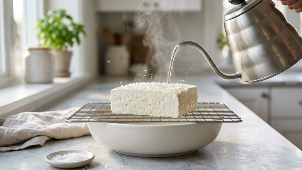 **Alt text:** A close-up, editorial food photograph of hot water pouring from a sleek kettle onto a block of firm white tofu on a wire rack, with steam rising and sea salt crystals glistening on its wet surface.