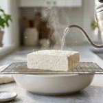 **Alt text:** A close-up, editorial food photograph of hot water pouring from a sleek kettle onto a block of firm white tofu on a wire rack, with steam rising and sea salt crystals glistening on its wet surface.