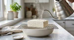 **Alt text:** A close-up, editorial food photograph of hot water pouring from a sleek kettle onto a block of firm white tofu on a wire rack, with steam rising and sea salt crystals glistening on its wet surface.