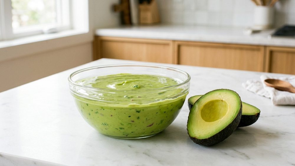 **Alt Text:** Vibrant green guacamole in a clear glass bowl, covered with a thin, glistening layer of water on a white marble countertop. A halved fresh avocado sits nearby under bright, natural light in a minimalist kitchen.