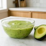 **Alt Text:** Vibrant green guacamole in a clear glass bowl, covered with a thin, glistening layer of water on a white marble countertop. A halved fresh avocado sits nearby under bright, natural light in a minimalist kitchen.