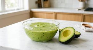 **Alt Text:** Vibrant green guacamole in a clear glass bowl, covered with a thin, glistening layer of water on a white marble countertop. A halved fresh avocado sits nearby under bright, natural light in a minimalist kitchen.