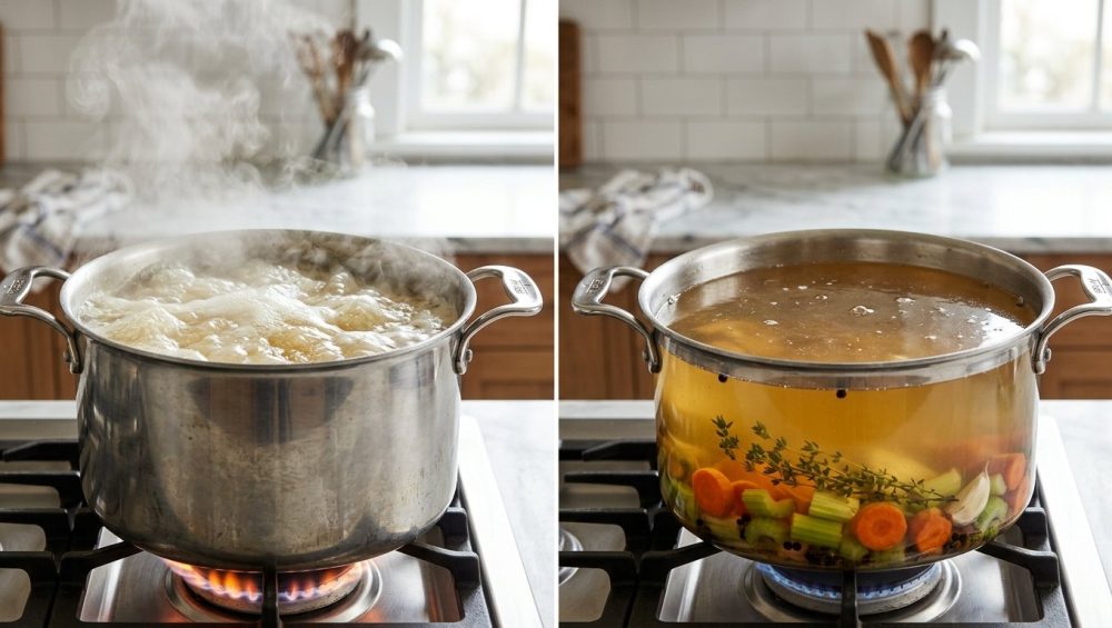 **Alt text:** A side-by-side comparison of two stock-making methods. On the left, a pot of violently boiling, cloudy, milky-yellow stock with thick foam and steam. On the right, a pot of gently simmering, crystal-clear golden broth with visible carrots, celery, and herbs at the bottom.