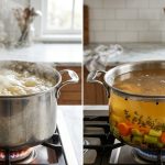 **Alt text:** A side-by-side comparison of two stock-making methods. On the left, a pot of violently boiling, cloudy, milky-yellow stock with thick foam and steam. On the right, a pot of gently simmering, crystal-clear golden broth with visible carrots, celery, and herbs at the bottom.