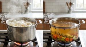**Alt text:** A side-by-side comparison of two stock-making methods. On the left, a pot of violently boiling, cloudy, milky-yellow stock with thick foam and steam. On the right, a pot of gently simmering, crystal-clear golden broth with visible carrots, celery, and herbs at the bottom.