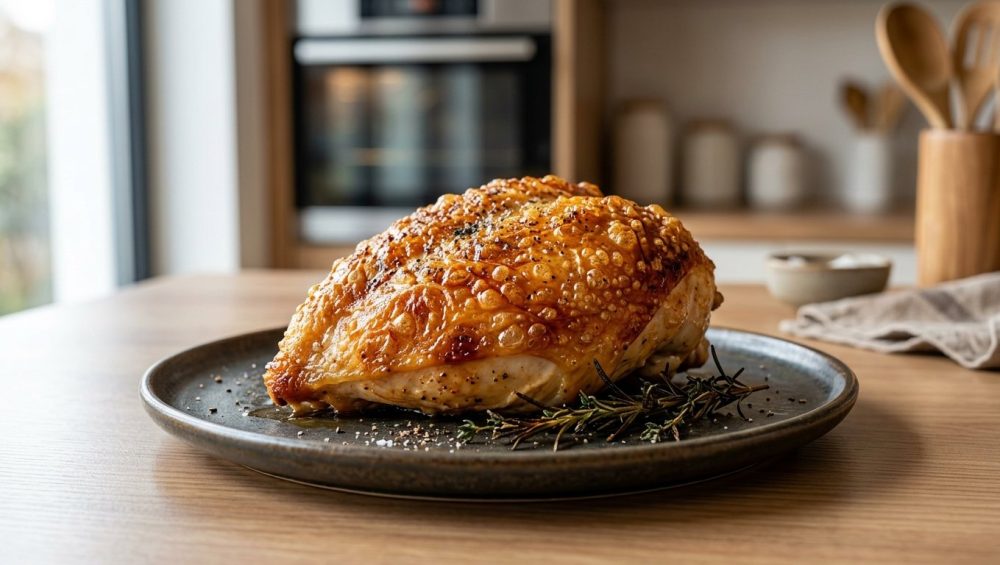 **Alt Text:** A macro close-up of a roasted chicken breast with crispy, golden-brown blistered skin, elegantly served on a dark matte plate.