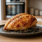 **Alt Text:** A macro close-up of a roasted chicken breast with crispy, golden-brown blistered skin, elegantly served on a dark matte plate.