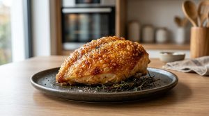 **Alt Text:** A macro close-up of a roasted chicken breast with crispy, golden-brown blistered skin, elegantly served on a dark matte plate.