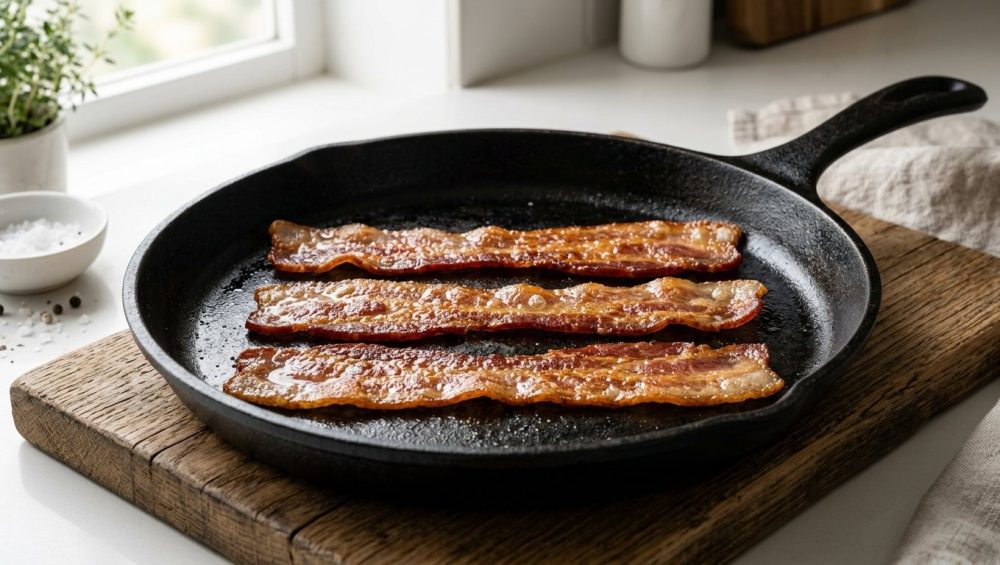 Three perfectly flat, crispy strips of golden-brown bacon lying in a seasoned black cast-iron skillet, illuminated by soft, natural window light.