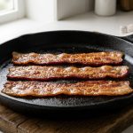 Three perfectly flat, crispy strips of golden-brown bacon lying in a seasoned black cast-iron skillet, illuminated by soft, natural window light.