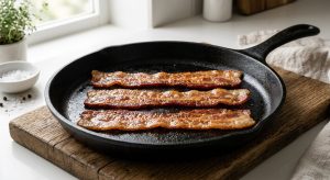 Three perfectly flat, crispy strips of golden-brown bacon lying in a seasoned black cast-iron skillet, illuminated by soft, natural window light.