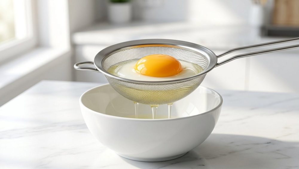 **Alt text:** Close-up of a raw egg in a stainless steel fine-mesh strainer held over a white ceramic bowl, with the thin outer egg white dripping through the mesh while the thick white and vibrant orange yolk remain inside.