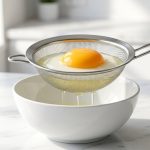 **Alt text:** Close-up of a raw egg in a stainless steel fine-mesh strainer held over a white ceramic bowl, with the thin outer egg white dripping through the mesh while the thick white and vibrant orange yolk remain inside.
