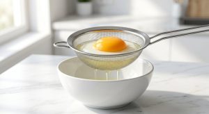 **Alt text:** Close-up of a raw egg in a stainless steel fine-mesh strainer held over a white ceramic bowl, with the thin outer egg white dripping through the mesh while the thick white and vibrant orange yolk remain inside.