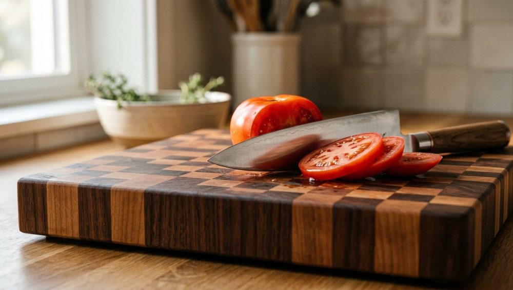 A close-up photograph of a premium mosaic end-grain wooden cutting board. A sharp stainless steel chef's knife rests beside freshly sliced red tomatoes under soft, natural morning light in a modern kitchen.