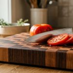 A close-up photograph of a premium mosaic end-grain wooden cutting board. A sharp stainless steel chef's knife rests beside freshly sliced red tomatoes under soft, natural morning light in a modern kitchen.