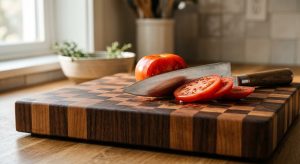 A close-up photograph of a premium mosaic end-grain wooden cutting board. A sharp stainless steel chef's knife rests beside freshly sliced red tomatoes under soft, natural morning light in a modern kitchen.