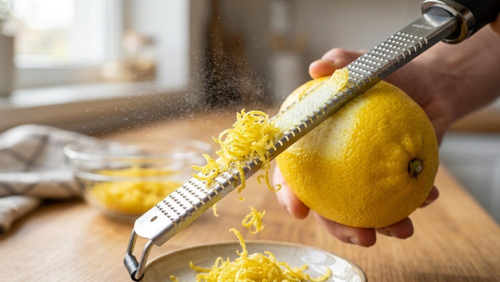 **Alt text:** An extreme macro photograph of a fresh yellow lemon being zested with a metal grater. Tiny curls of yellow zest and a fine mist of citrus oil float in the air as the grater cleanly peels the outer skin, leaving the white pith intact against a softly blurred kitchen background.