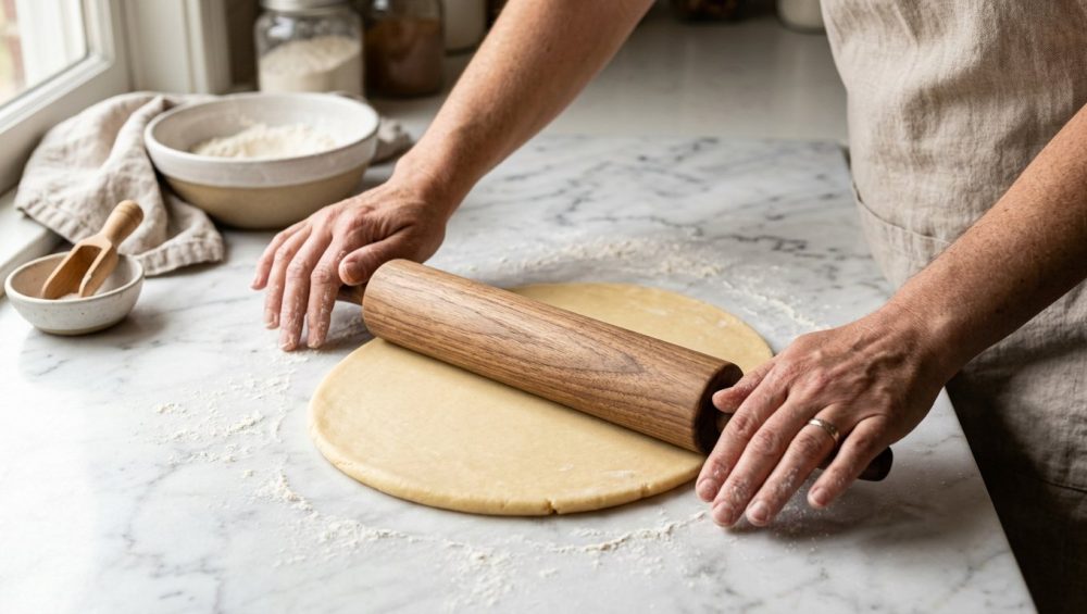 **Alt text:** Baker's hands using a wooden French tapered rolling pin to roll out smooth pastry dough on a flour-dusted marble countertop in soft light.