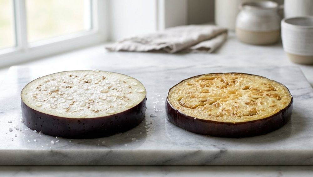 **Alt text:** Editorial food photography of two eggplant slices side-by-side on a marble counter. The left slice is raw, sprinkled with sea salt, and sweating moisture. The right slice is tender and pan-fried to a golden-brown.