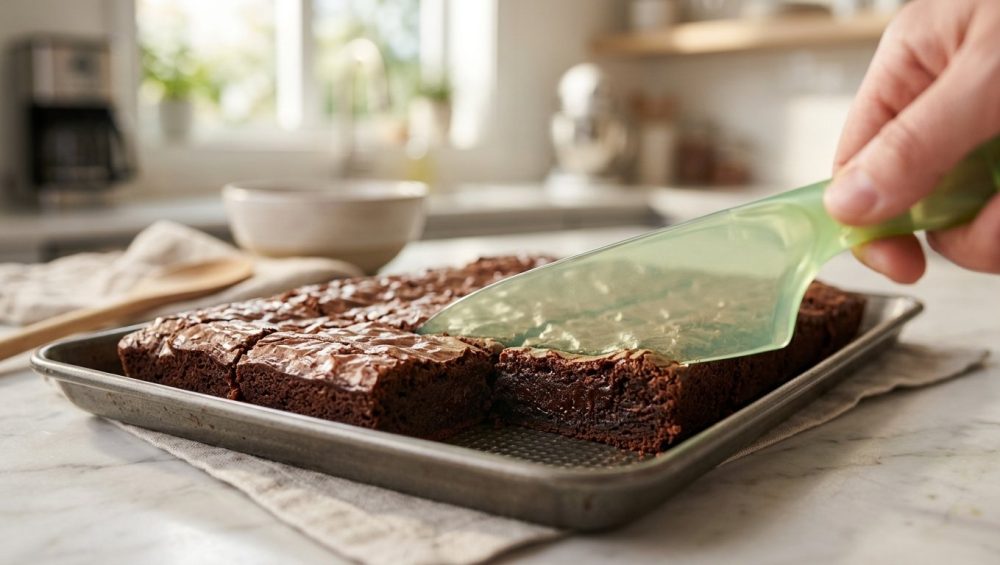 A close-up of a light-green plastic knife slicing cleanly through a tray of rich, fudgy chocolate brownies on a marble countertop.