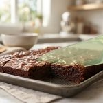 A close-up of a light-green plastic knife slicing cleanly through a tray of rich, fudgy chocolate brownies on a marble countertop.