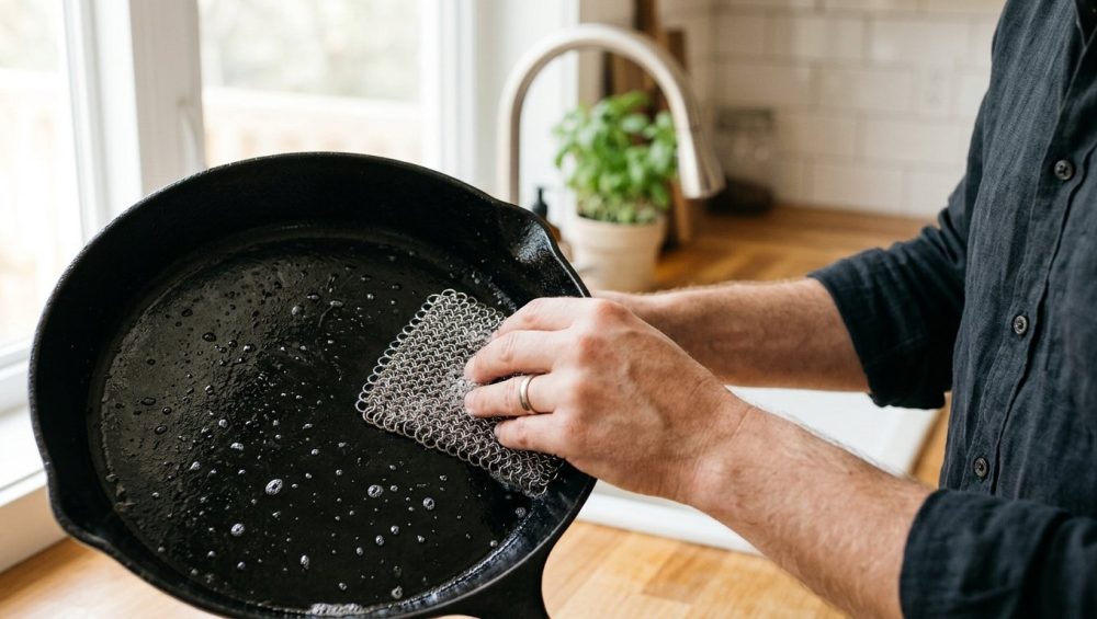 **Alt text:** Close-up of a hand cleaning a seasoned, glossy black cast iron skillet with a stainless steel chainmail scrubber in a brightly lit, modern kitchen.