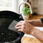 **Alt text:** Close-up of a hand cleaning a seasoned, glossy black cast iron skillet with a stainless steel chainmail scrubber in a brightly lit, modern kitchen.