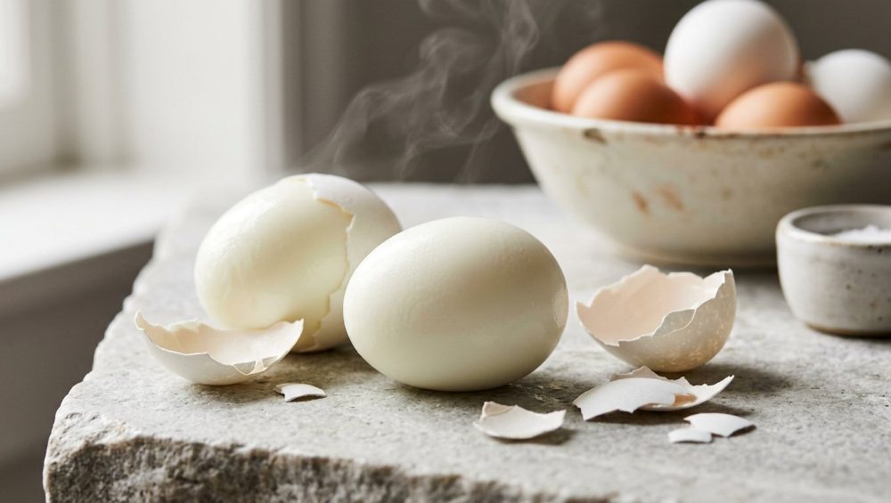 **Alt Text:** A close-up, editorial food photograph of two hard-boiled eggs on a light-gray stone countertop. One egg is perfectly peeled and glossy, while the other is partially peeled with the shell cleanly sliding off in the soft, natural light.