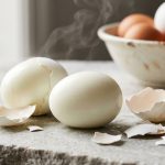 **Alt Text:** A close-up, editorial food photograph of two hard-boiled eggs on a light-gray stone countertop. One egg is perfectly peeled and glossy, while the other is partially peeled with the shell cleanly sliding off in the soft, natural light.