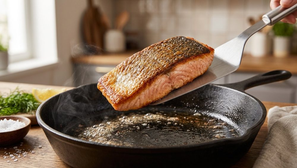 **Alt text:** Close-up of a perfectly seared salmon fillet with crispy, golden-brown skin being lifted from a hot cast-iron skillet using a stainless steel fish spatula.
