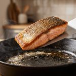 **Alt text:** Close-up of a perfectly seared salmon fillet with crispy, golden-brown skin being lifted from a hot cast-iron skillet using a stainless steel fish spatula.