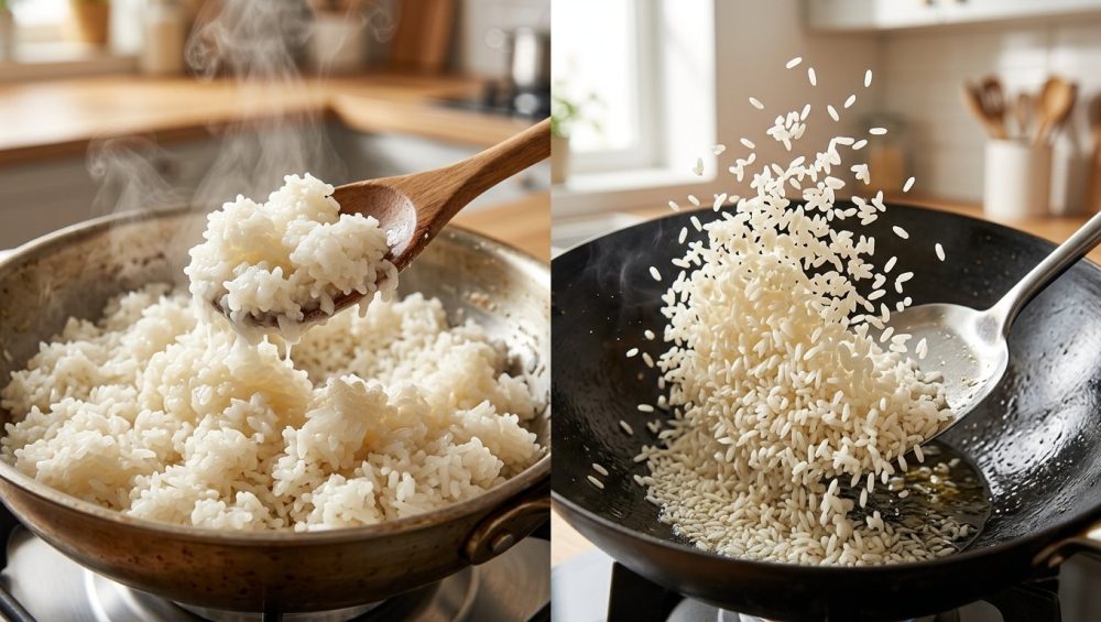 **Alt text:** A split-screen food photograph comparing two states of white jasmine rice. On the left, freshly cooked rice is wet, sticky, and clumped together in a pan. On the right, chilled, dry, and perfectly separated grains of rice are tossed in a wok, glistening and airborne.