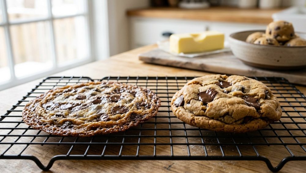 **Alt text:** Two chocolate chip cookies side-by-side on a wire cooling rack. The left cookie is thin, flat, and greasy, while the right cookie is thick, perfectly domed, and golden-brown with pools of melted dark chocolate.