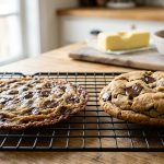 **Alt text:** Two chocolate chip cookies side-by-side on a wire cooling rack. The left cookie is thin, flat, and greasy, while the right cookie is thick, perfectly domed, and golden-brown with pools of melted dark chocolate.