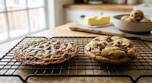 **Alt text:** Two chocolate chip cookies side-by-side on a wire cooling rack. The left cookie is thin, flat, and greasy, while the right cookie is thick, perfectly domed, and golden-brown with pools of melted dark chocolate.