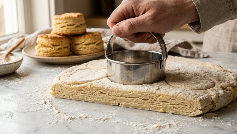 **Alt text:** Close-up of a metal biscuit cutter slicing through raw, laminated dough on a flour-dusted marble countertop, revealing flaky layers. Warm, blurry baked biscuits stand in the background.