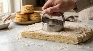 **Alt text:** Close-up of a metal biscuit cutter slicing through raw, laminated dough on a flour-dusted marble countertop, revealing flaky layers. Warm, blurry baked biscuits stand in the background.