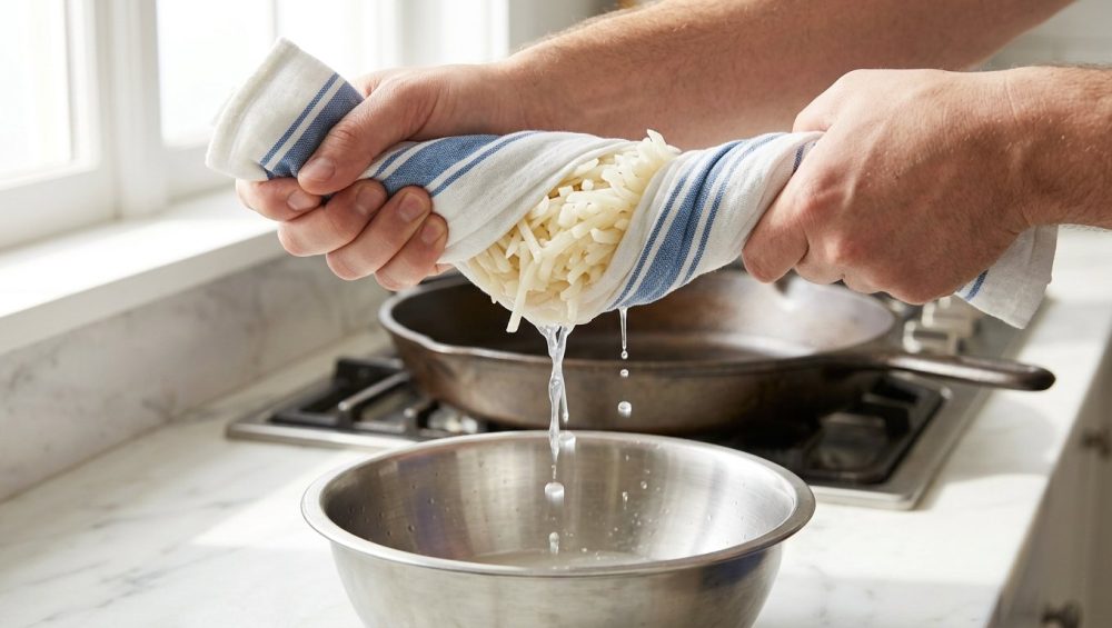 **Alt text:** A close-up of hands squeezing a white-and-blue striped kitchen towel filled with shredded potatoes, wringing starchy water into a stainless steel bowl on a bright marble countertop.