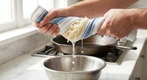 **Alt text:** A close-up of hands squeezing a white-and-blue striped kitchen towel filled with shredded potatoes, wringing starchy water into a stainless steel bowl on a bright marble countertop.
