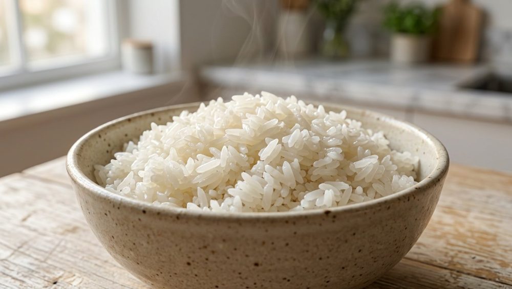 **Alt Text:** A close-up photograph of a ceramic bowl filled with fluffy, perfectly cooked white jasmine rice. Individual grains glisten under soft, natural side-light as a delicate wisp of steam rises, set against a softly blurred, minimalist kitchen background.