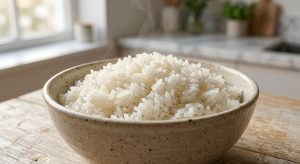 **Alt Text:** A close-up photograph of a ceramic bowl filled with fluffy, perfectly cooked white jasmine rice. Individual grains glisten under soft, natural side-light as a delicate wisp of steam rises, set against a softly blurred, minimalist kitchen background.